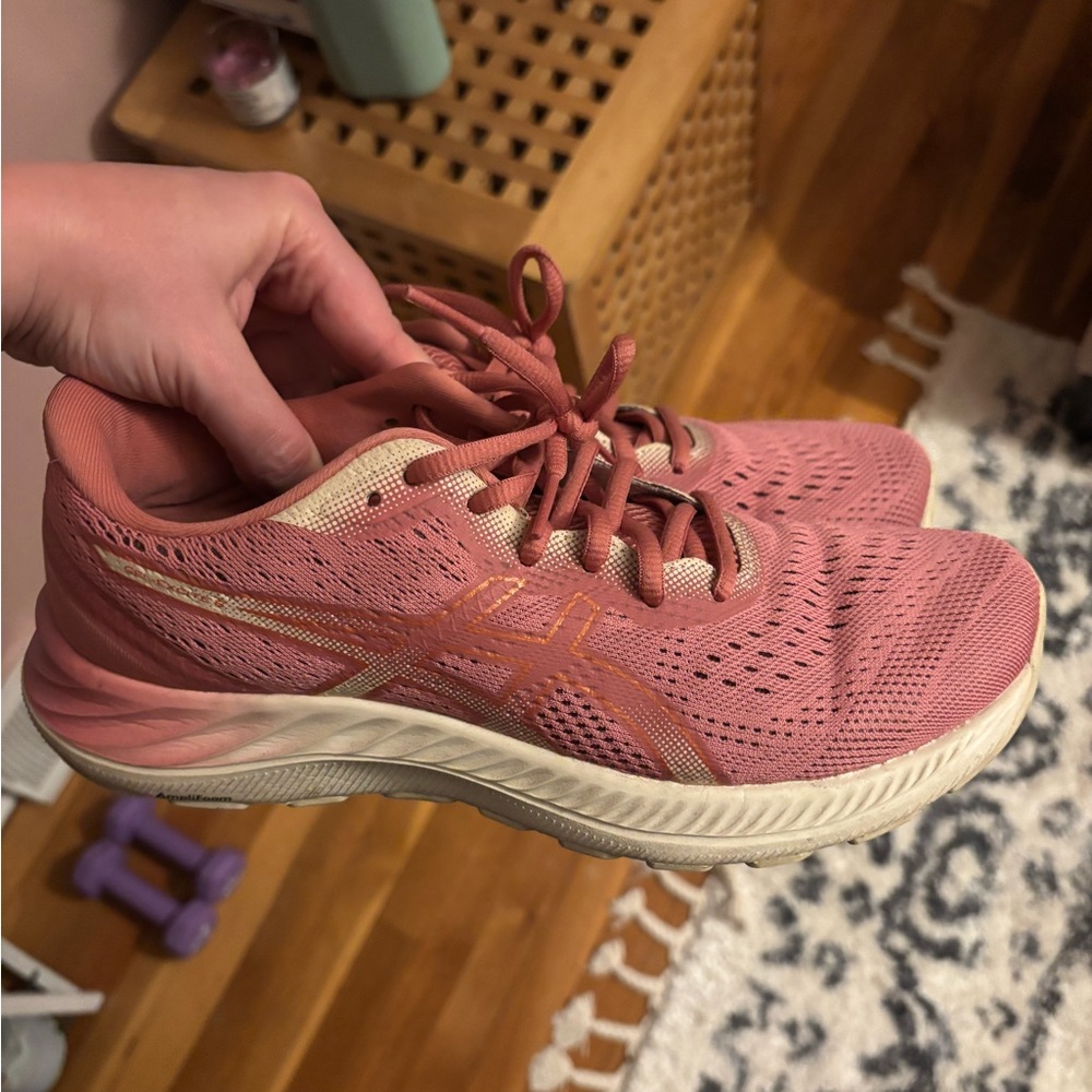 ASICS Breathable Pink and Cream Athletic Shoes with Knit Fabric